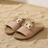 Women's Black Leather Platform Sandals - Gold Chain