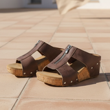 Women's Taupe Suede Wedge Sandals - Zip Detail