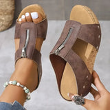 Women's Taupe Suede Wedge Sandals - Zip Detail
