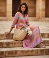 Women's Multicolor Linen Midi Dress - V-Neck