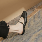 Women's Cream Leather Mule Flats - Gold Buckle