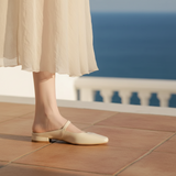 Women's Cream Leather Mule Flats - Gold Buckle