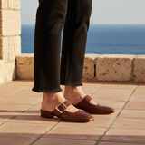 Women's Cream Leather Mule Flats - Gold Buckle