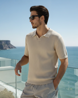 Men's Cream Ribbed Knit Polo Shirt