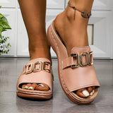Women's Black Leather Platform Slide Sandals - Gold Detail