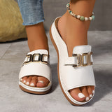 Women's Black Leather Platform Slide Sandals - Gold Detail