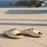 Women's Black Leather Platform Slide Sandals - Gold Detail