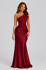 Women’s One-Shoulder Satin Maxi Dress with Draped Waist for Evening & Formal Wear