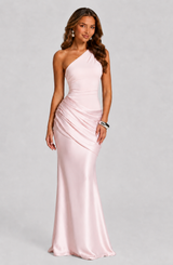 Women’s One-Shoulder Satin Maxi Dress with Draped Waist for Evening & Formal Wear