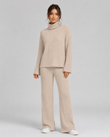 Women's Ribbed Knitted Co-Ord Set With Wide-Leg Trousers